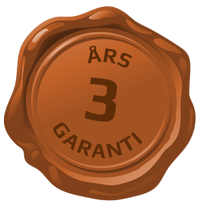Brunt vokssegl med teksten «3 års garanti».