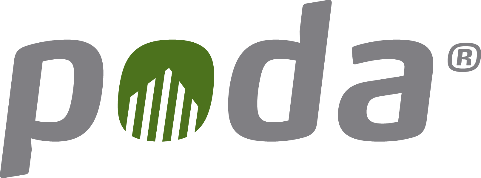 Poda-logo med grå bokstaver og et grønt element i 'o' som ligner et gjerde.