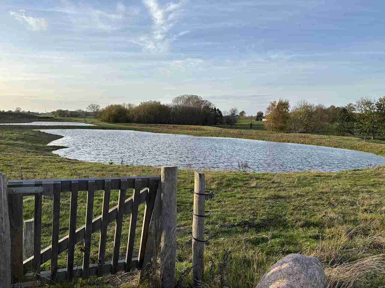 Klappgrinden fører inn i en innhegning laget av elektrisk gjerde. I midten av innhegningen er det en innsjø