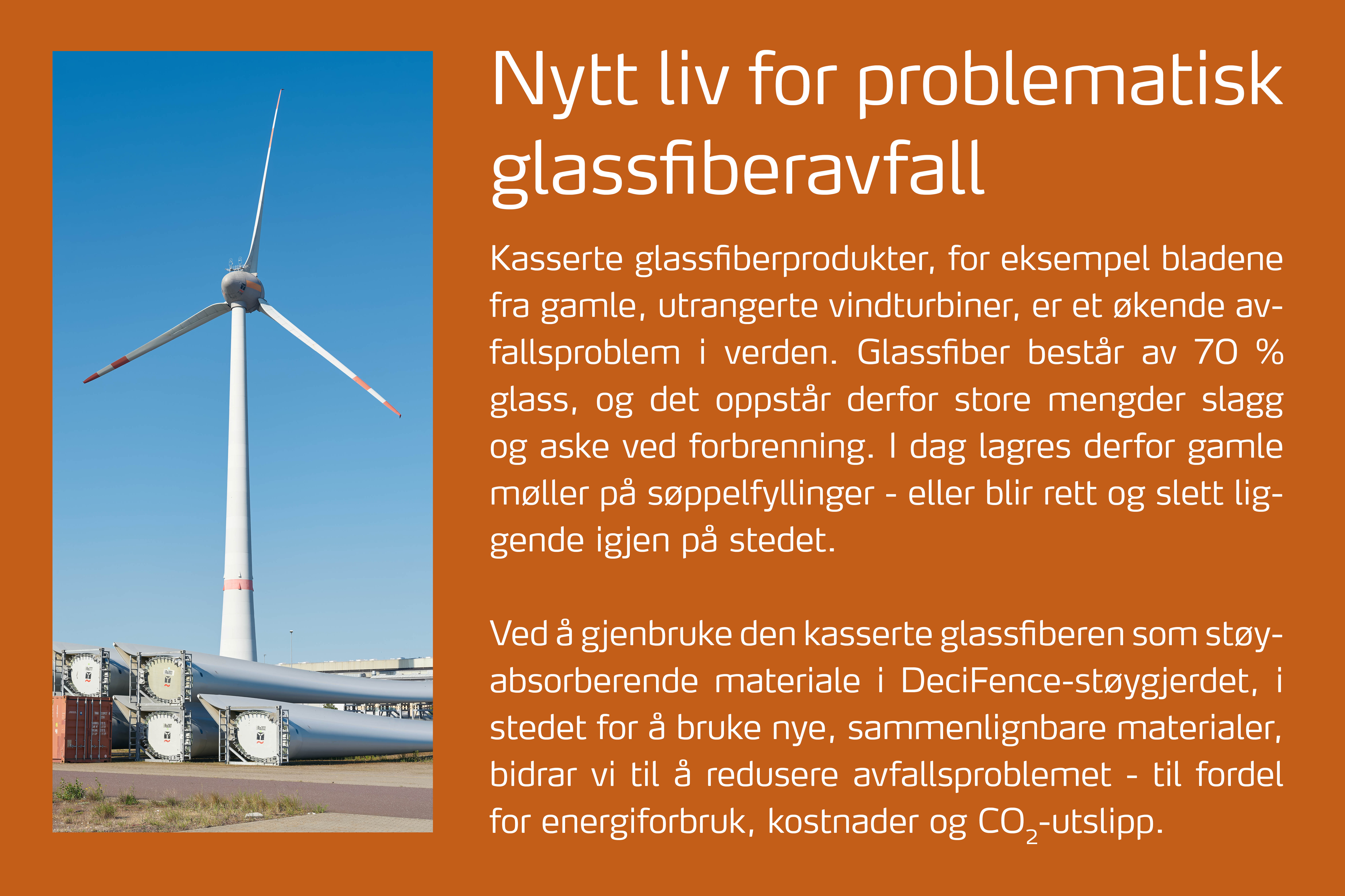 Faktaboks om gjenvinning av glassfiber fra gamle vindturbinblader i DeciFence støygjerder.