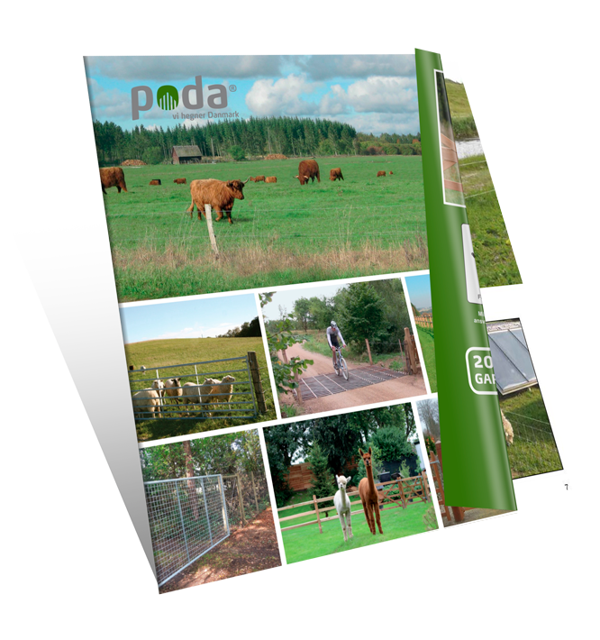 Poda-katalog med bilder av gjerdesystemer og dyr på forsiden. Kataloget er delvis åpent og gir et innblikk i innholdet.